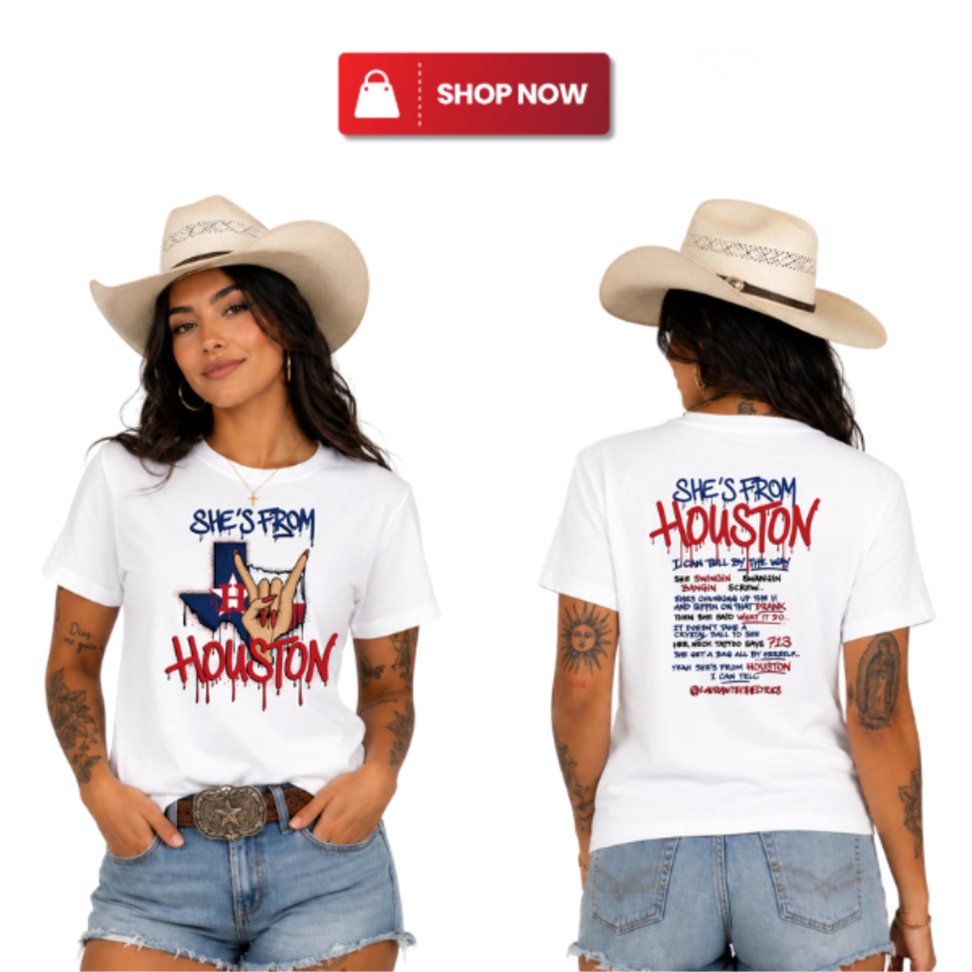 She's From Houston t-shirt, front and back